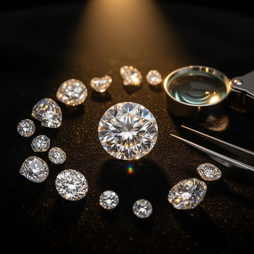 Briljant geslepen diamanten in diverse formaten op zwart fluweel naast een loep en pincet