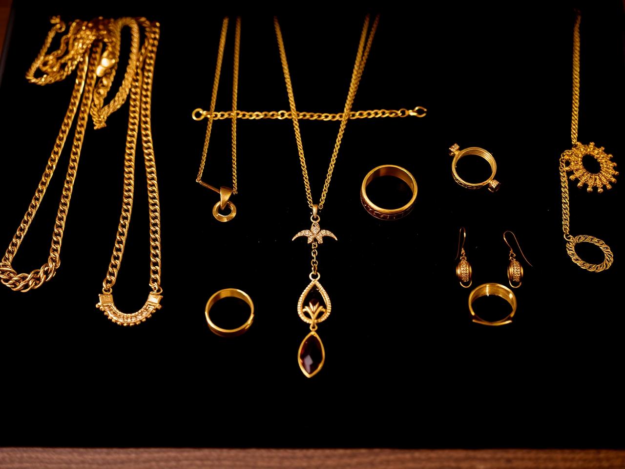 Gouden sieraden en objecten op donker fluweel, klaar voor beoordeling
