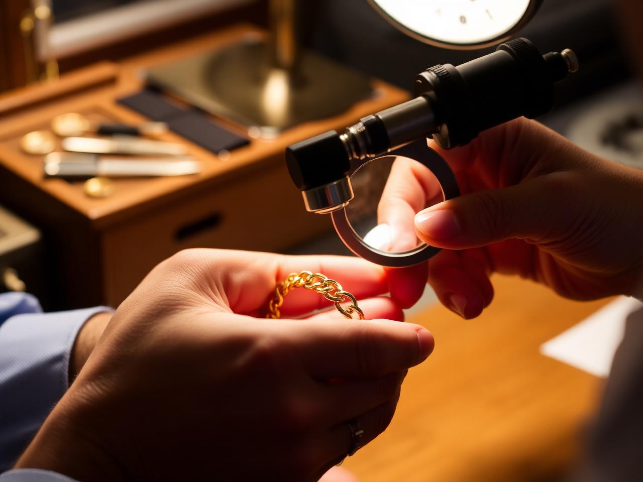 Specialist controleert keurteken op een gouden sieraad bij Goud Inkoop Nieuwegein