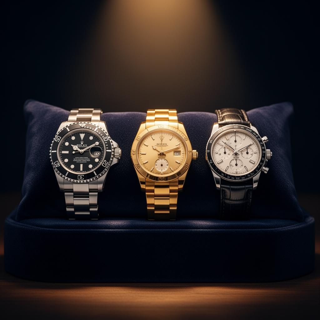 Drie luxe horloges op donkerblauw fluwelen kussen — Rolex Submariner, gouden dress watch en chronograaf met leren band
