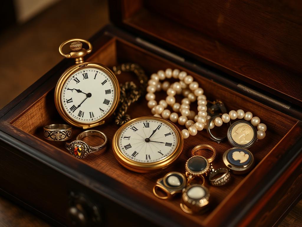 Vintage sieradendoosje met parelketting, gouden ringen en zilveren broche als erfstukken