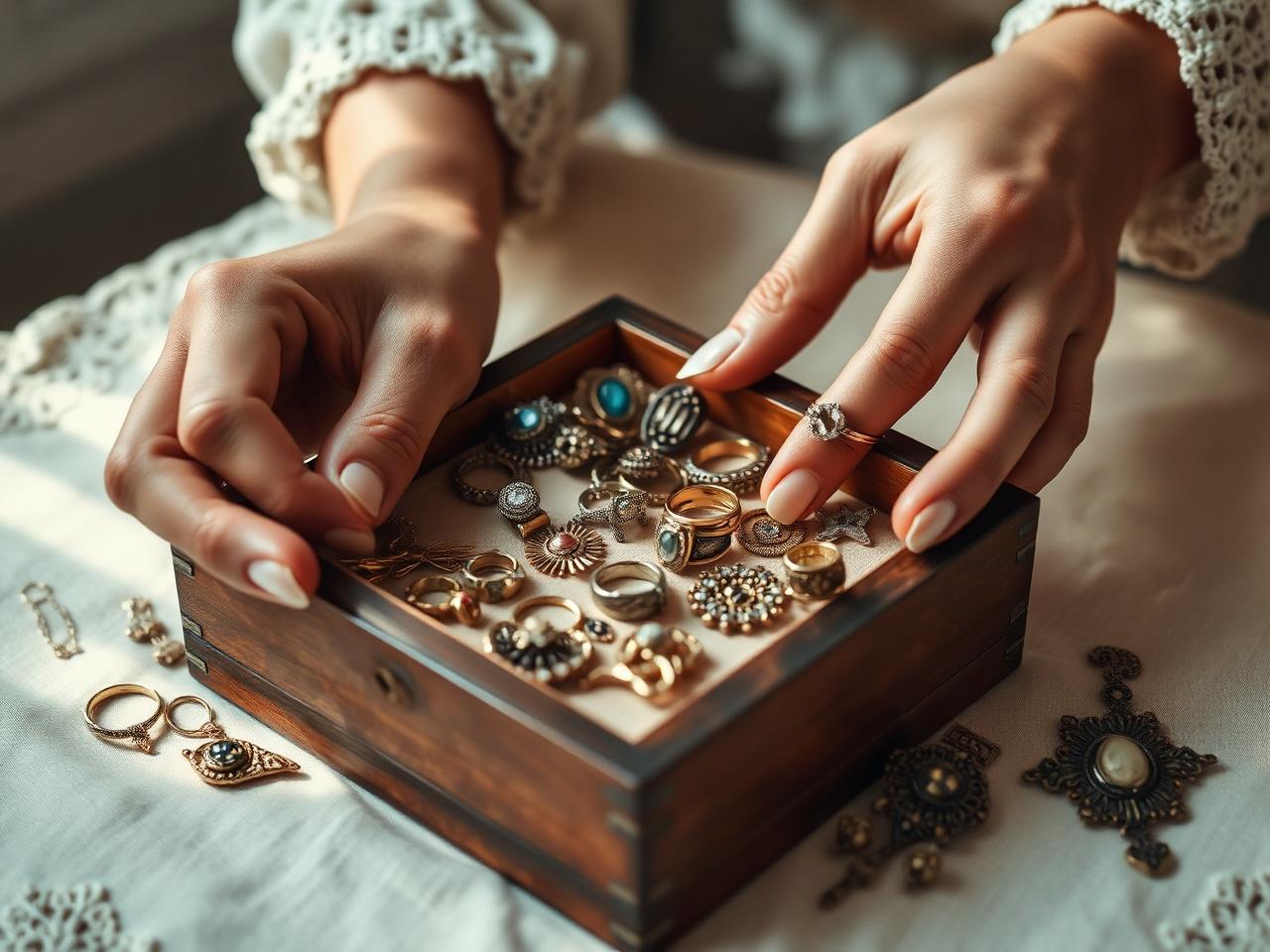 Specialist sorteert geërfde gouden en zilveren sieraden op een vilten onderlegger met notitieblok