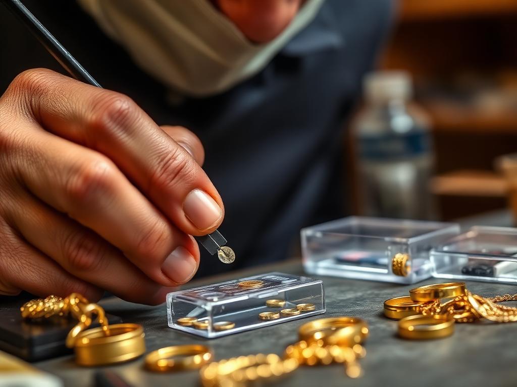 Handen van een specialist testen een gouden ring met toetssteen en zuurtest op een donkere werktafel
