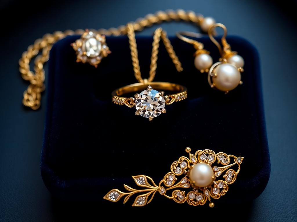 Diamanten ring, gouden broche en parelsieraden op donker fluweel — sieradentaxatie Nieuwegein